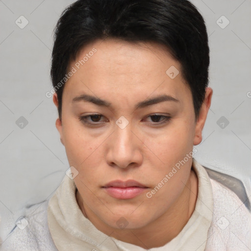 Neutral asian young-adult female with short  brown hair and brown eyes