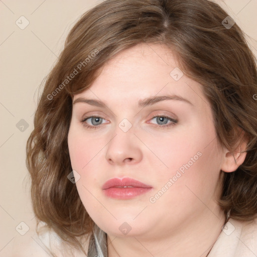 Neutral white young-adult female with medium  brown hair and grey eyes