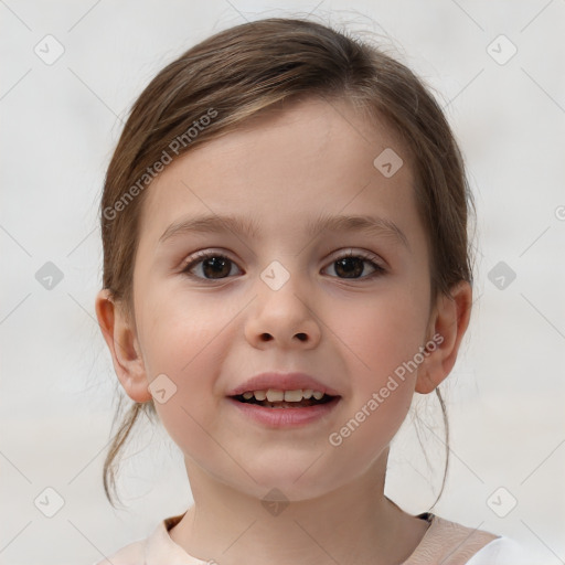 Joyful white child female with medium  brown hair and brown eyes