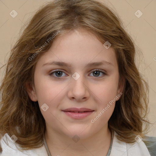 Joyful white child female with medium  brown hair and brown eyes