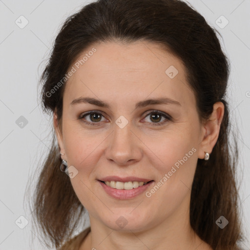 Joyful white young-adult female with medium  brown hair and brown eyes