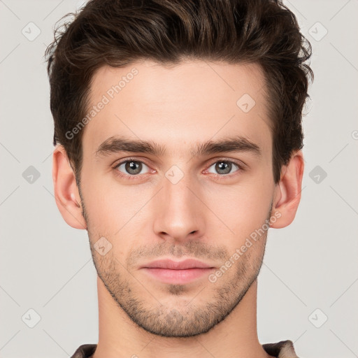 Neutral white young-adult male with short  brown hair and brown eyes