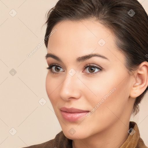 Neutral white young-adult female with medium  brown hair and brown eyes