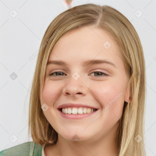 Joyful white young-adult female with long  brown hair and blue eyes