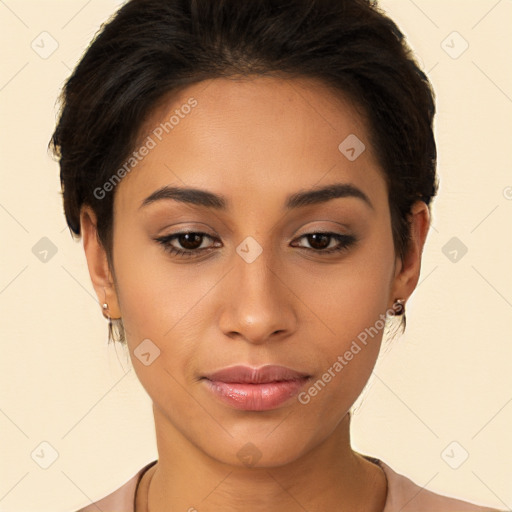 Neutral latino young-adult female with short  brown hair and brown eyes