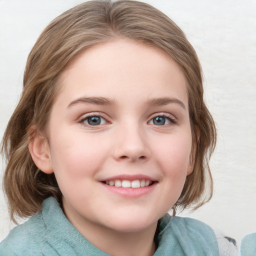 Joyful white child female with medium  brown hair and blue eyes