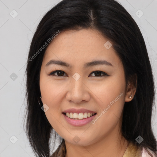 Joyful asian young-adult female with long  brown hair and brown eyes