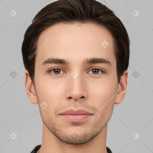 Neutral white young-adult male with short  brown hair and brown eyes