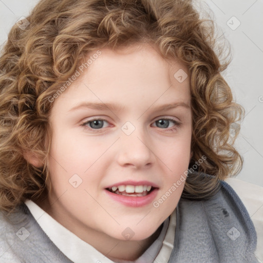 Joyful white child female with medium  brown hair and blue eyes