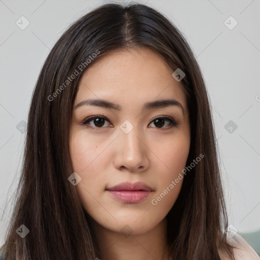 Neutral white young-adult female with long  brown hair and brown eyes