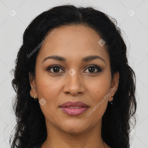 Joyful latino young-adult female with long  brown hair and brown eyes