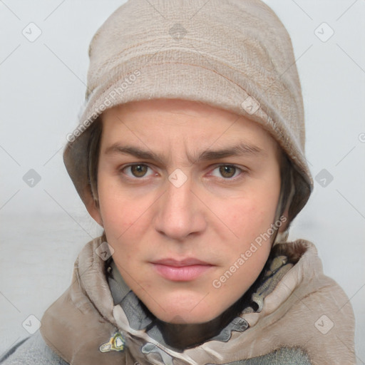 Neutral white young-adult female with short  brown hair and grey eyes