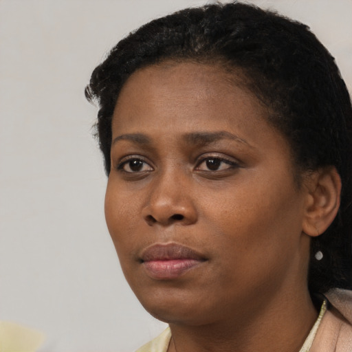 Neutral black young-adult female with short  black hair and brown eyes