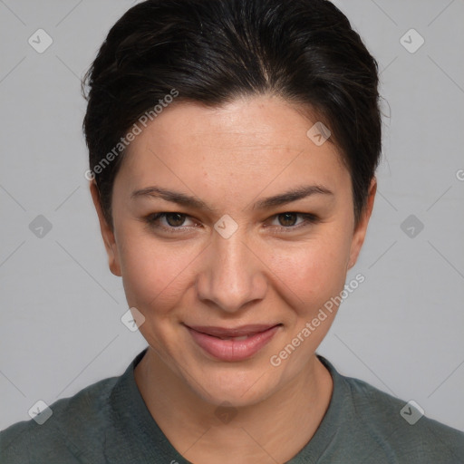 Joyful white young-adult female with short  brown hair and brown eyes