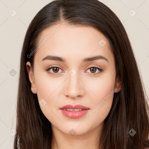 Neutral white young-adult female with long  brown hair and brown eyes