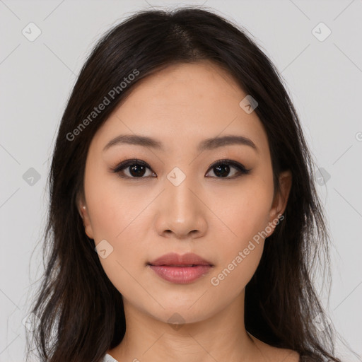 Neutral asian young-adult female with long  brown hair and brown eyes