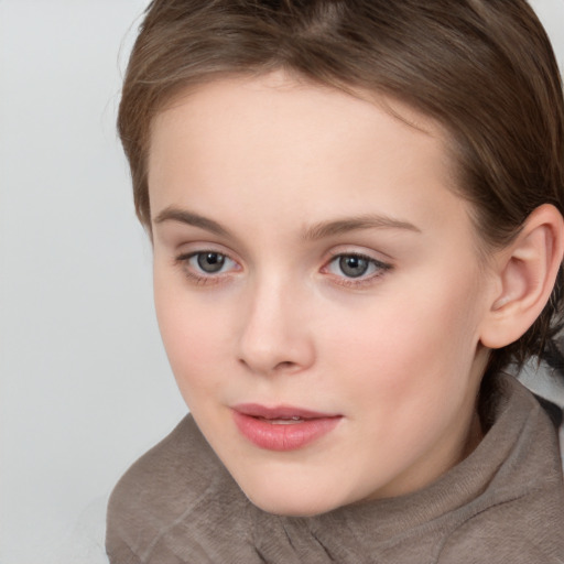 Neutral white young-adult female with medium  brown hair and grey eyes