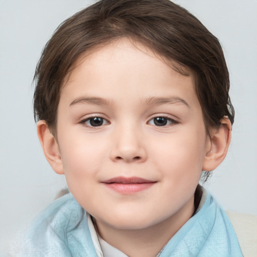 Joyful white child female with short  brown hair and brown eyes