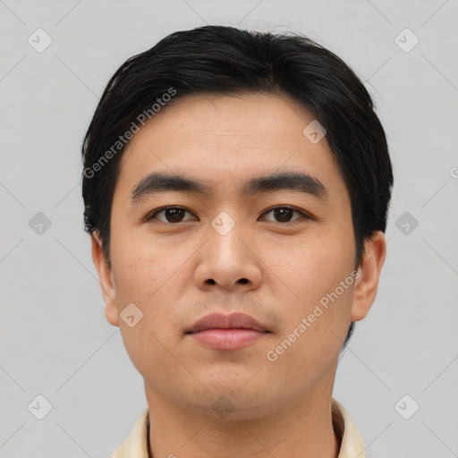 Neutral asian young-adult male with short  black hair and brown eyes