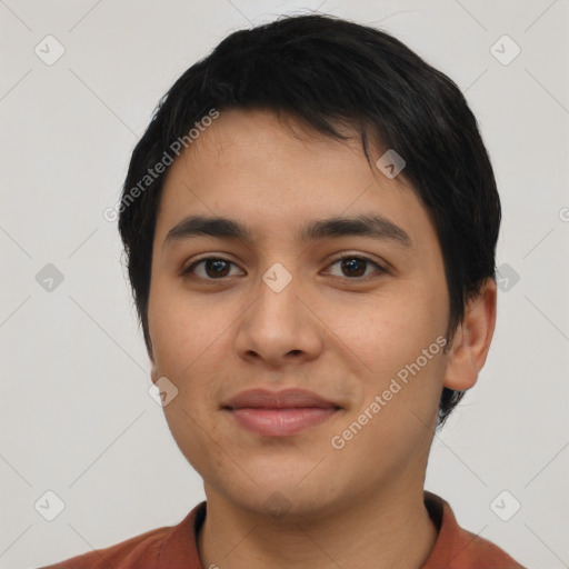 Joyful latino young-adult male with short  black hair and brown eyes