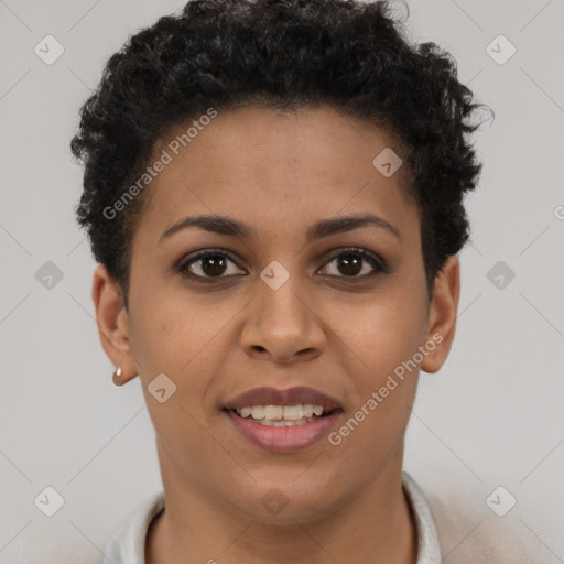 Joyful latino young-adult female with short  brown hair and brown eyes