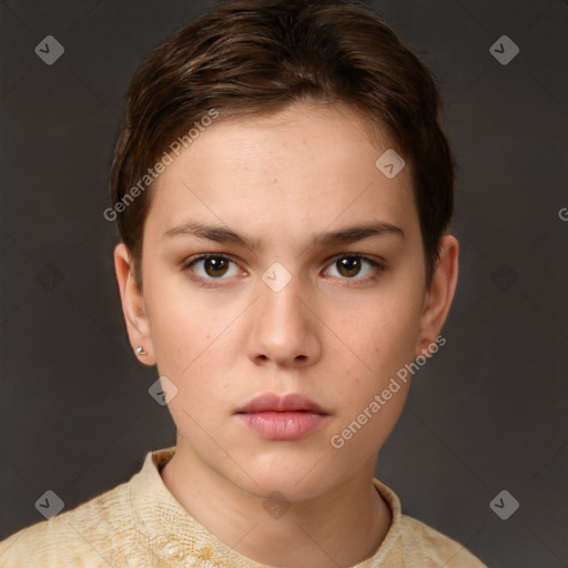 Neutral white young-adult female with short  brown hair and brown eyes