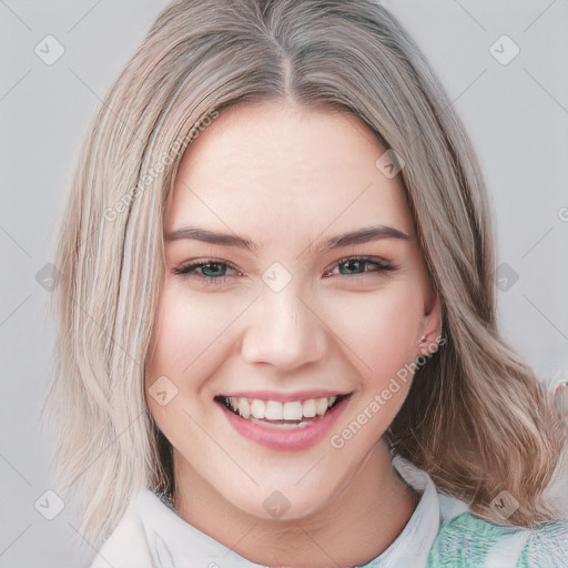 Joyful white young-adult female with medium  brown hair and blue eyes