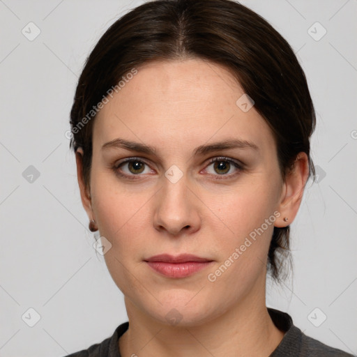 Neutral white young-adult female with medium  brown hair and grey eyes