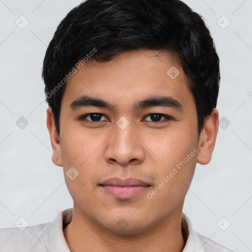 Neutral asian young-adult male with short  black hair and brown eyes