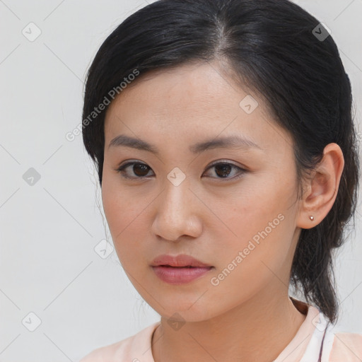 Neutral asian young-adult female with medium  black hair and brown eyes