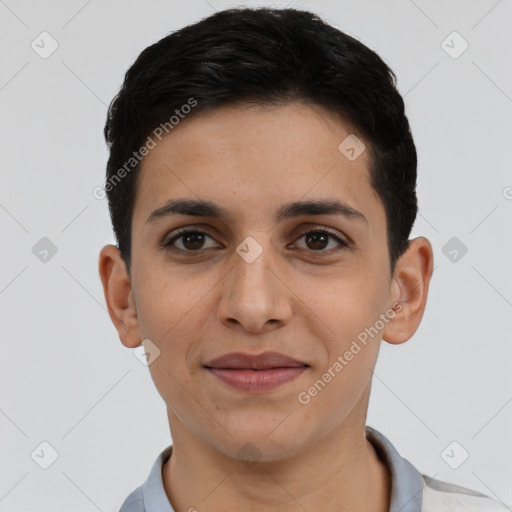 Joyful latino young-adult female with short  black hair and brown eyes