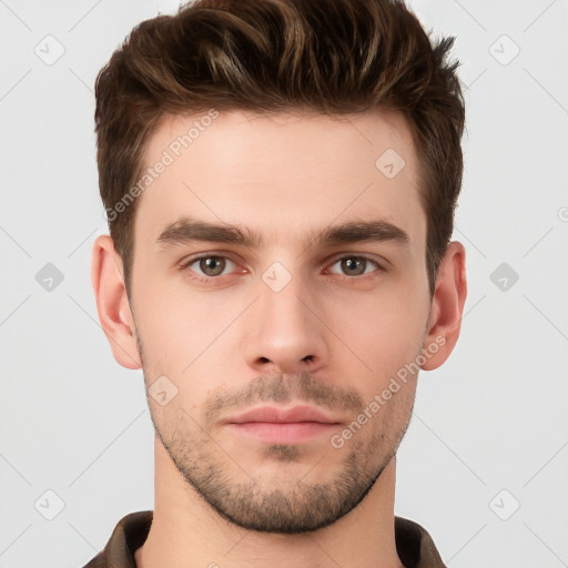 Neutral white young-adult male with short  brown hair and brown eyes