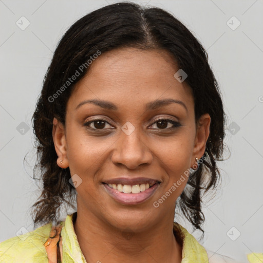 Joyful black young-adult female with medium  brown hair and brown eyes