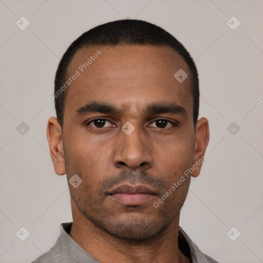 Neutral latino young-adult male with short  black hair and brown eyes