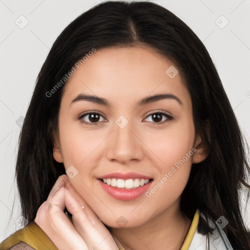 Joyful white young-adult female with long  brown hair and brown eyes