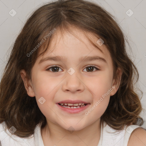 Joyful white child female with medium  brown hair and brown eyes