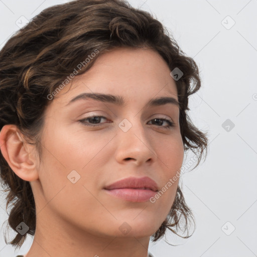 Neutral white young-adult female with medium  brown hair and brown eyes