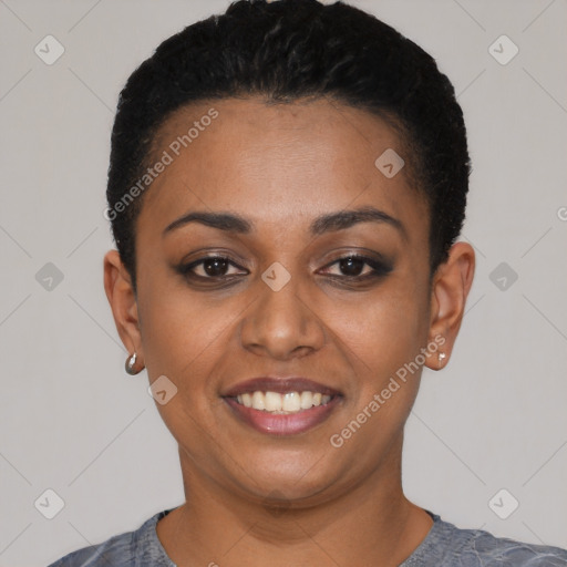 Joyful latino young-adult female with short  black hair and brown eyes