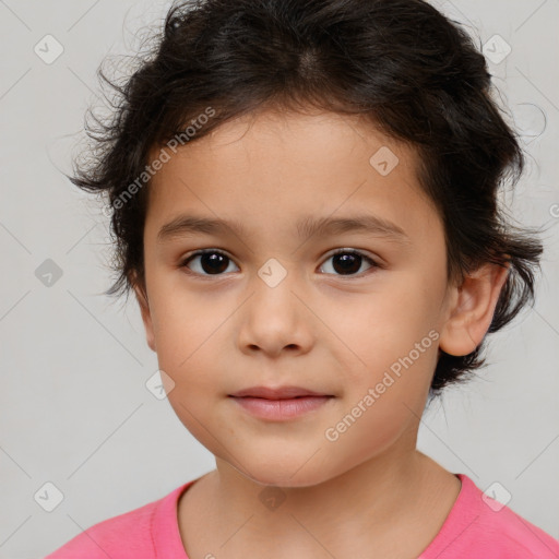 Joyful white child female with medium  brown hair and brown eyes