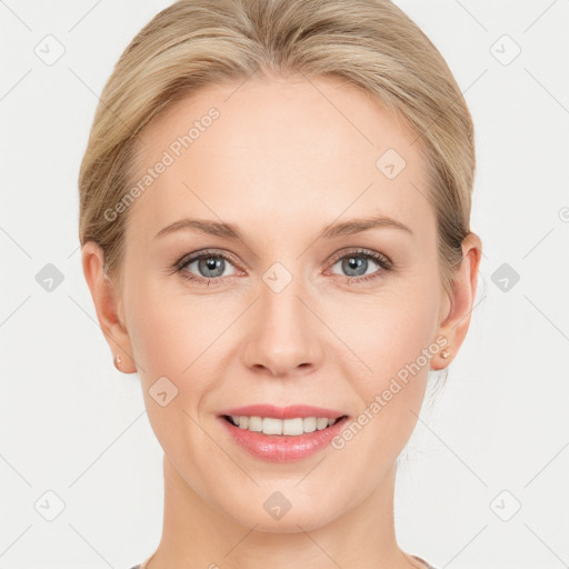 Joyful white young-adult female with medium  brown hair and blue eyes