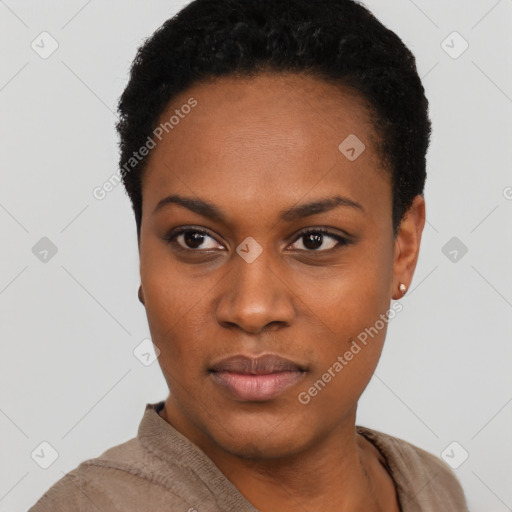 Neutral black young-adult female with short  black hair and brown eyes