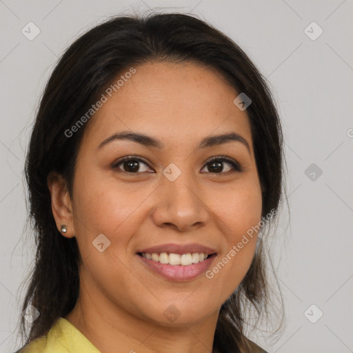 Joyful latino young-adult female with medium  brown hair and brown eyes