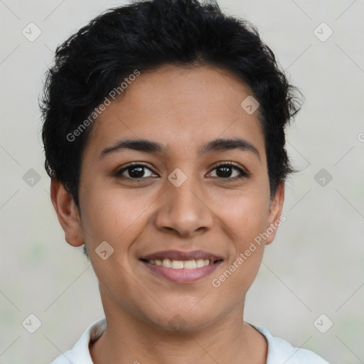 Joyful latino young-adult female with short  brown hair and brown eyes