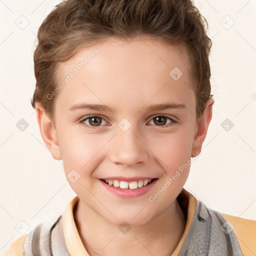 Joyful white child female with short  brown hair and brown eyes