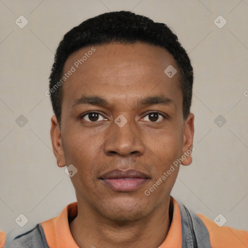 Neutral latino young-adult male with short  black hair and brown eyes