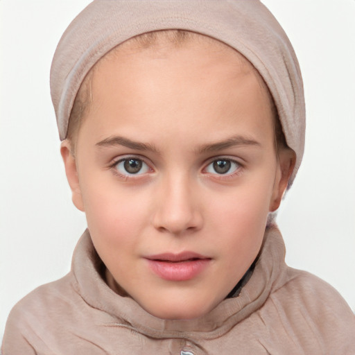 Neutral white child female with short  brown hair and grey eyes