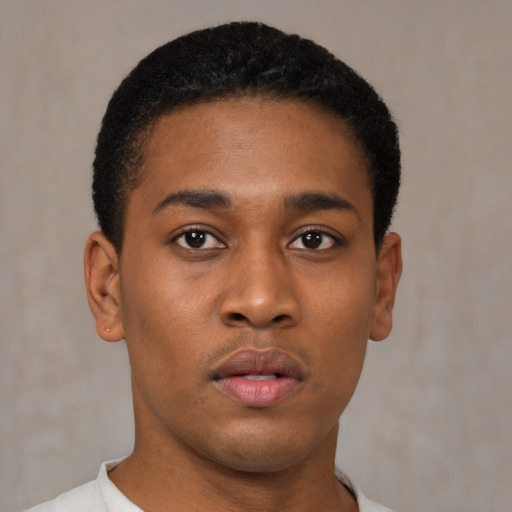 Neutral black young-adult male with short  black hair and brown eyes
