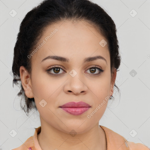 Joyful latino young-adult female with medium  brown hair and brown eyes