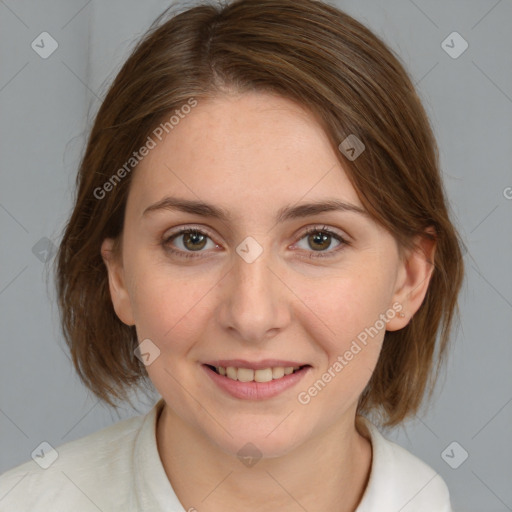 Joyful white young-adult female with medium  brown hair and blue eyes