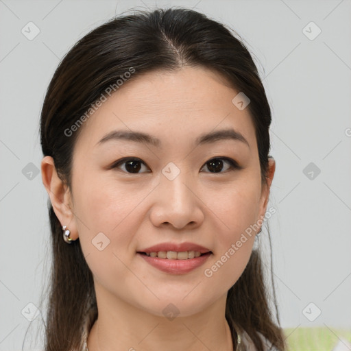 Joyful white young-adult female with medium  brown hair and brown eyes